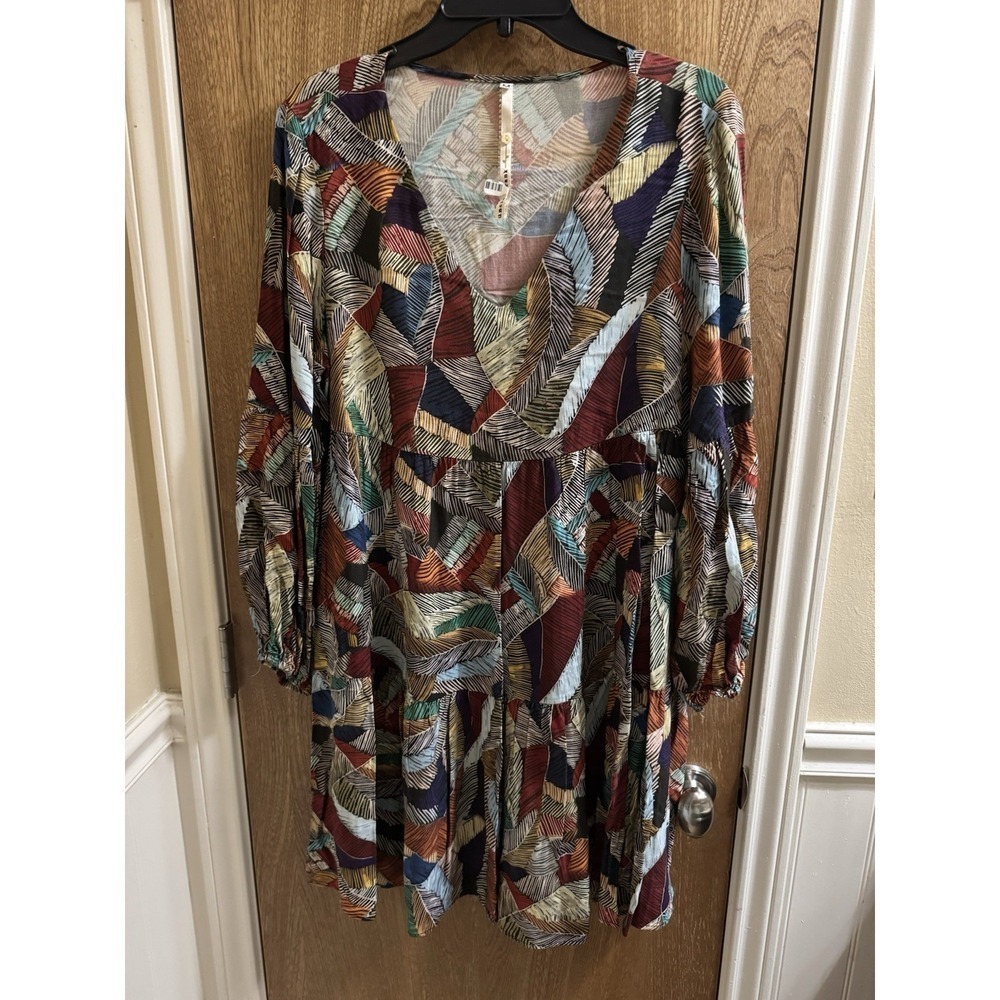 NEW Uncle Frank Long Sleeve V-Neck Peplum Dress Natural Tone Colorful Leaves Med